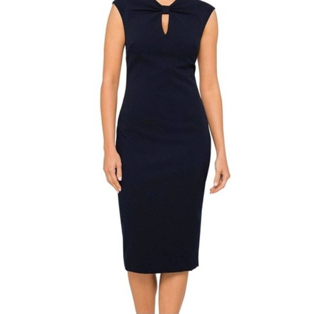 NWOT Ted Baker Kezzia Dress Women's 10 Navy Blue Bow Cutout Sheath Bodycon Ponte - Picture 2 of 7